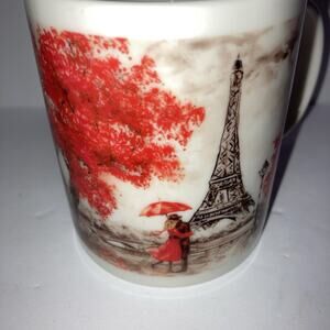 Paris France Eiffel Tower Coffee Mug Cup Couple Red Umbrella Red Blooms on Tree